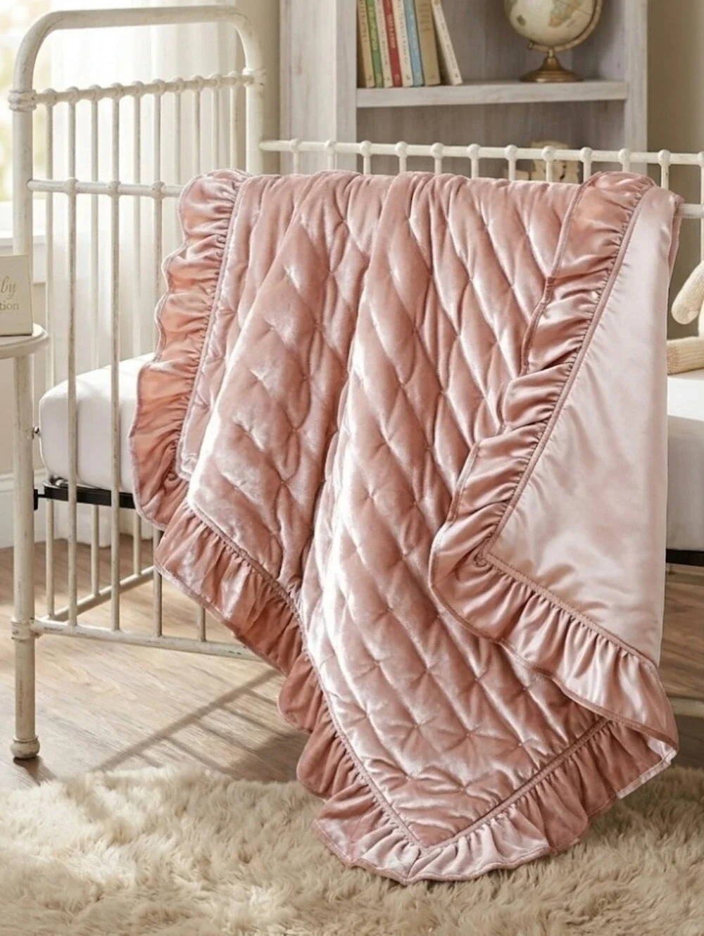 Levtex Baby Heritage NWOT Blush Pink Velvet Quilted Crib Blanket Quilt Ruffle 36